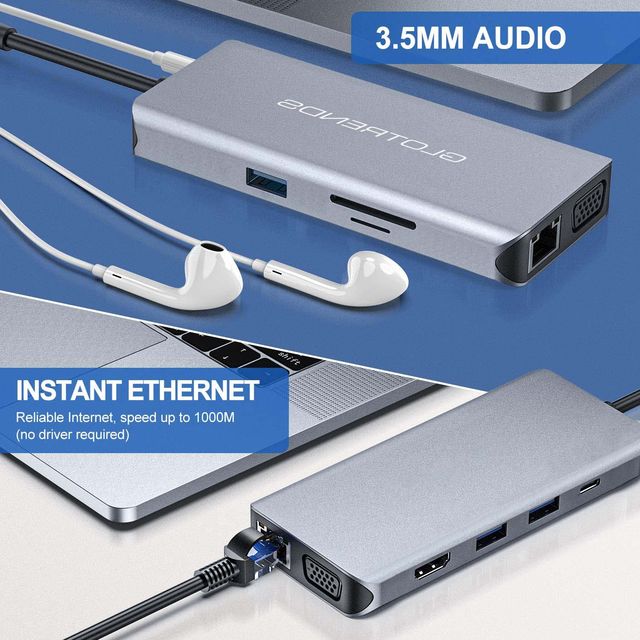 10-in-1 USB C Hub with Ethernet, 4K@30Hz HDMI, VGA, 3 USB3.0, SD