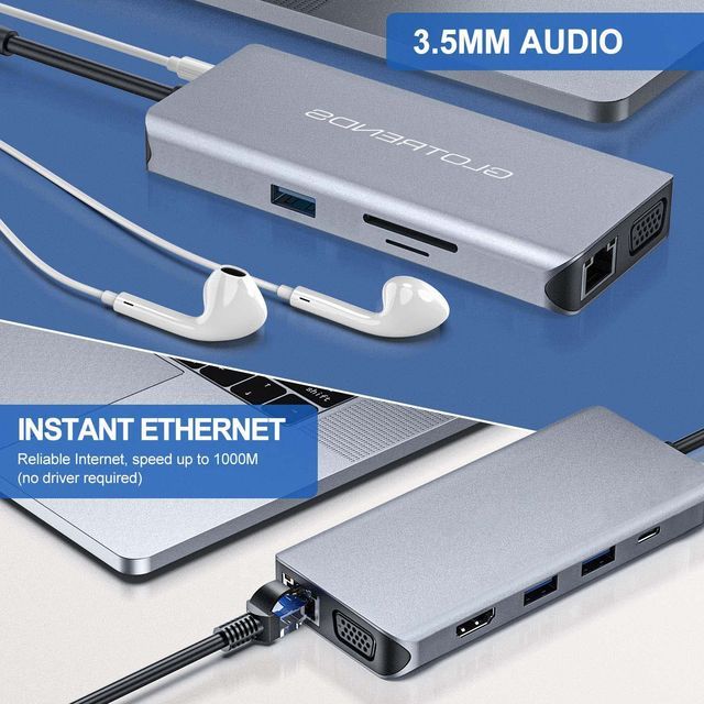 10-in-1 USB C Hub with Ethernet, 4K@30Hz HDMI, VGA, 3 USB3.0, SD/TF Card Reader, Mic, USB-C PD 3.0, Compatible for MacBook Air Pro and Other Type C La
