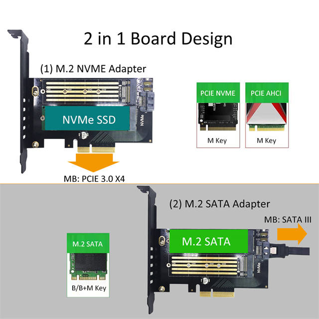 2 in 1 M.2 PCIE 4.0 Adapter Add-on Card for M.2 PCIE (NVME/AHCI) SSD and M.2 NGFF SATA SSD