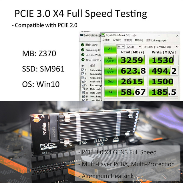 M.2 PCIe 4.0 Adapter with 3mm Thick M.2 Heatsink for M.2 PCIe SSD (NVMe and AHCI), PCI-E GEN4 Full Speed