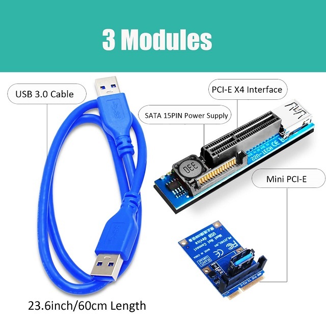 Mini PCI-Express to PCI-E X4 Riser Cable (60cm) for BTC Miner Mining, M.2 PCI-E SSD Adapter, etc