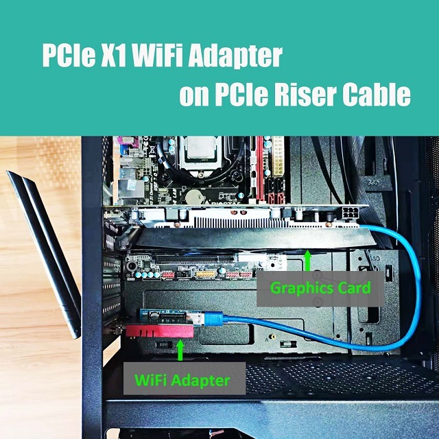 PCIe X1 to X1 Riser Cable to extend GPU covered PCIe X1 Lane for WiFi Adapter or Sound Card Vertical Installation