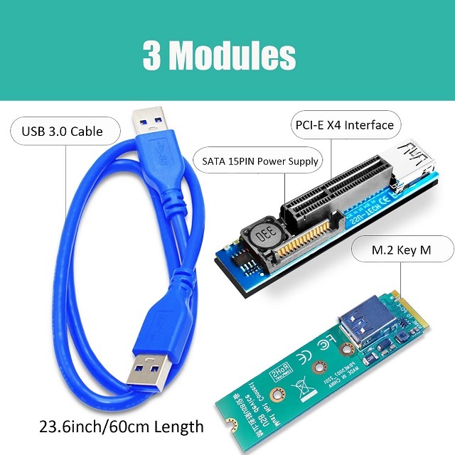 NGFF M.2 Key M to PCI-E X4 Riser Cable (60cm) for BTC Miner Mining, M.2 PCI-E SSD Adapter, etc