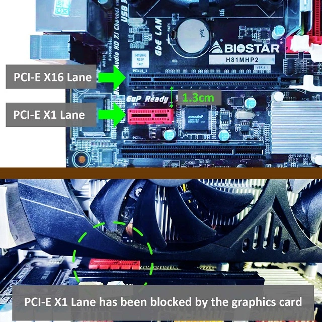 PCIe X1 to X1 Riser Cable to extend GPU covered PCIe X1 Lane for WiFi Adapter or Sound Card Vertical Installation