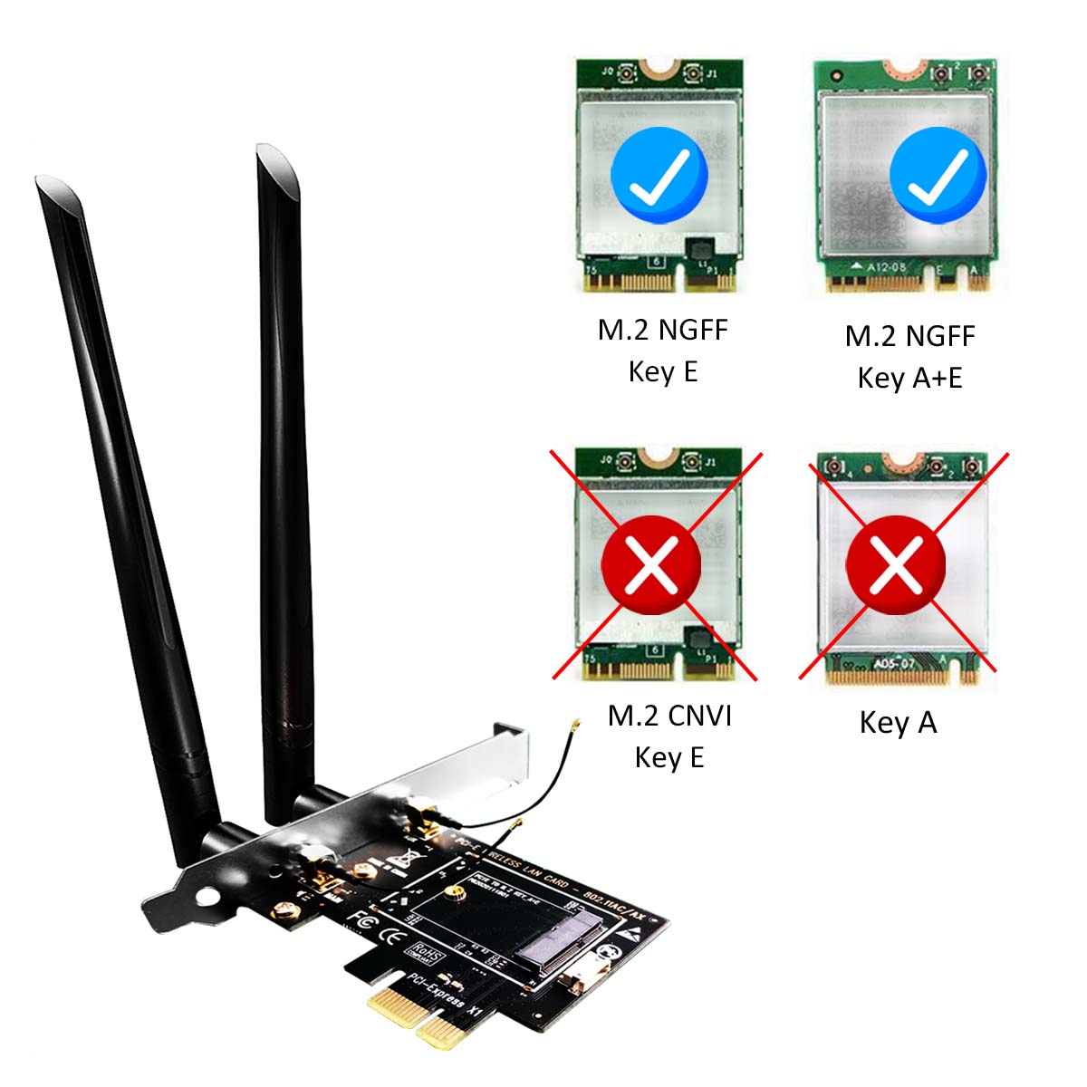 WA01 M.2 E Key to PCIe X1 Adapter - Supports WiFi 4/5/6/6e/7
