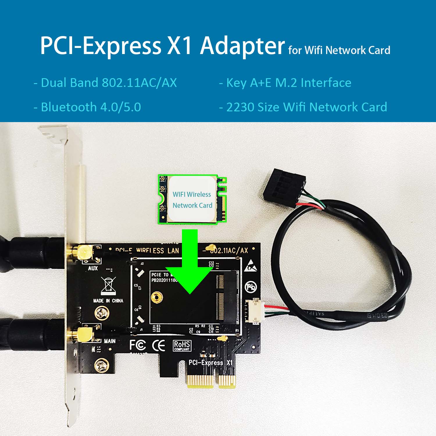 PCI-Express X1 to M.2 NGFF Key E/A+E Wireless WiFi 5/6/6AC/6AE with 6Bi SMA  Antenna | GLOTRENDS