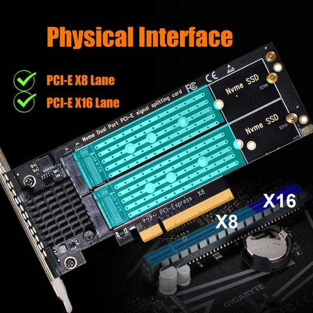 Dual M.2 PCIe 4.0/3.0 X8 Adapter, Support 2 x M.2 PCIe SSD RAID-on-CPU (VROC) in Intel Platform and PCIe 4.0 NVMe RAID in AMD Platform