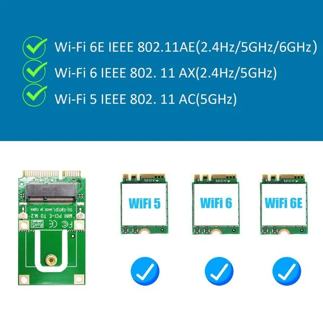 Mini PCIe to M.2 NGFF Key E/A+E Wireless WiFi 5/6/6AC/6AE Bluetooth Adapter with 3.5 dBi SMA Antenna