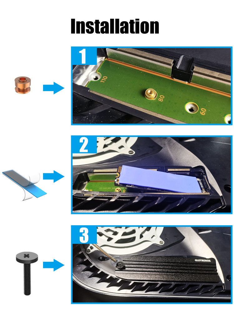 GLOTRENDS PS5 SSD Heatsink with Copper Heatpipe and PS5 Screw for Playstation 5 Internal PCIe M.2 NVMe 4.0 Gen4 Gaming Memory (Black)