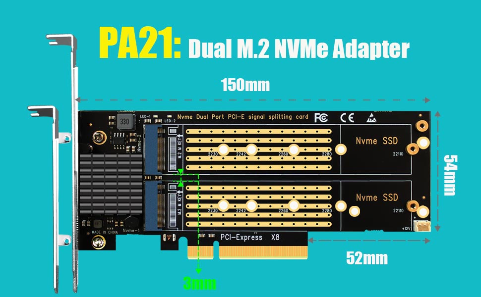 PA21 Dual Slot M.2 NVMe to PCIe 4.0 X8 Adapter for M.2 NVMe SSD, Not  Support PCIe Bifurcation