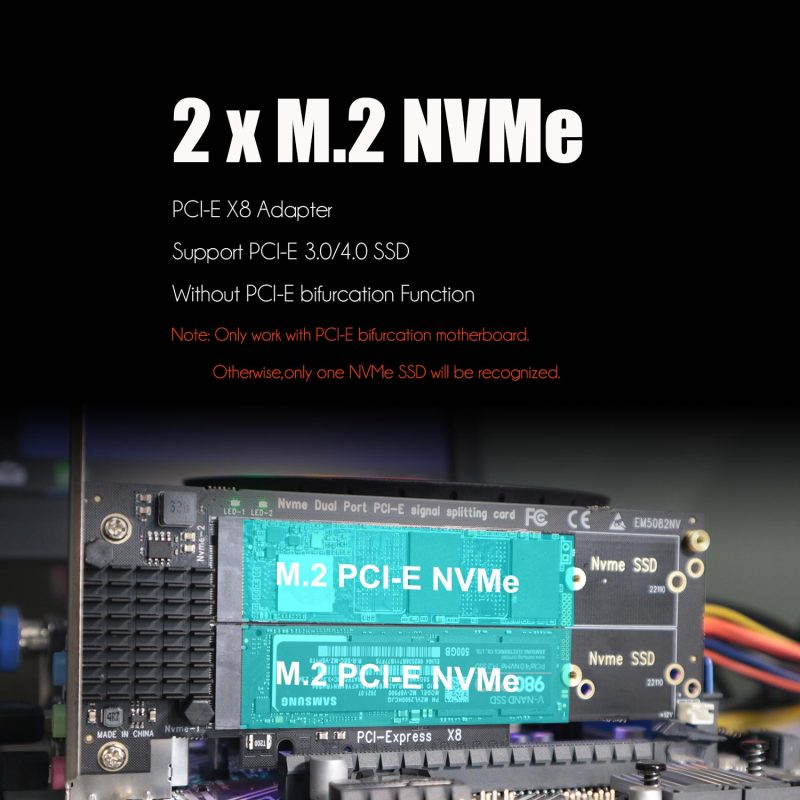 Dual M.2 PCIe NVMe Adapter Without PCIe Splitter Function (PCIe Bifurcation Motherboard is Required), Support M.2 PCIe 4.0/3.0 SSD Soft RAID Setup in Windows/Linux