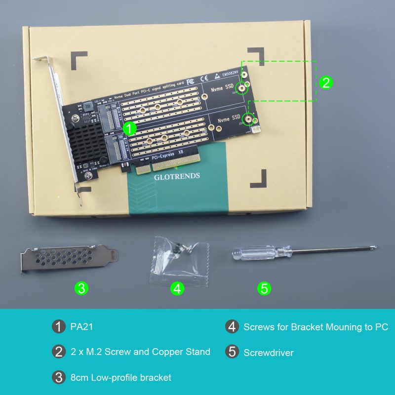 Dual M.2 PCIe NVMe Adapter Without PCIe Splitter Function (PCIe Bifurcation Motherboard is Required), Support M.2 PCIe 4.0/3.0 SSD Soft RAID Setup in Windows/Linux