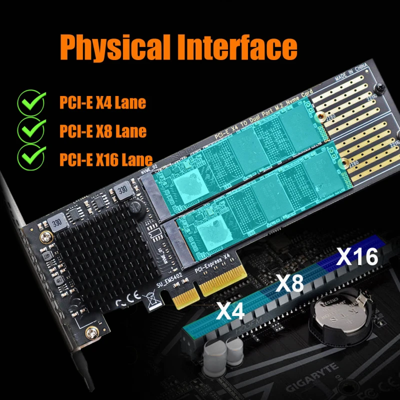 Dual M.2 PCIe NVMe Adapter Card with PCIe Bifurcation Function, Compatible with None PCIe Splitter Function Motherboard