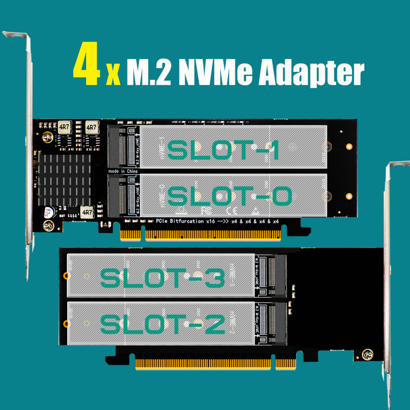 Quad M.2 PCIe NVMe Adapter Without PCIe Splitter Function (PCIe Bifurcation Motherboard is Required), Support M.2 PCIe 4.0/3.0 SSD Soft RAID Setup in Windows/Linux