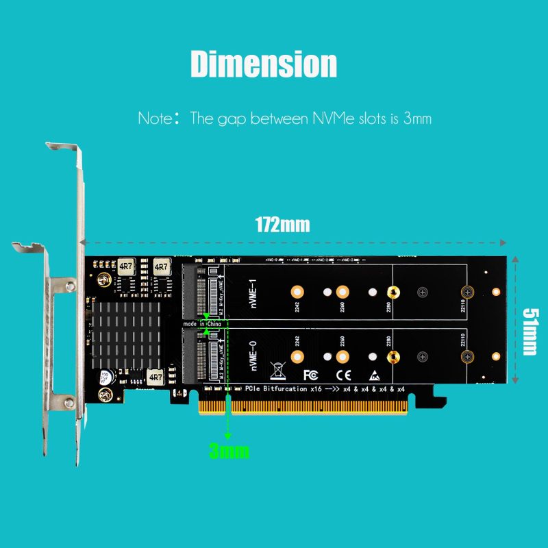 Quad M.2 PCIe NVMe Adapter Without PCIe Splitter Function (PCIe Bifurcation Motherboard is Required), Support M.2 PCIe 4.0/3.0 SSD Soft RAID Setup in Windows/Linux