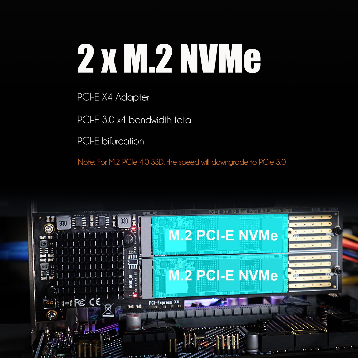 PA20 Dual Slot M.2 NVMe to PCIe 3.0 X4 Adapter for 2 x M.2 NVMe SSD,  Support PCIe Bifurcation