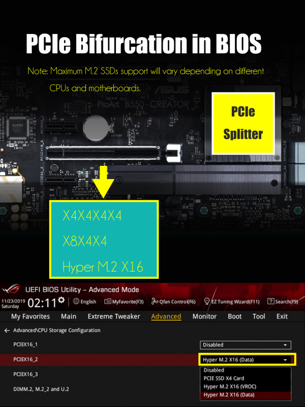 Quad M.2 PCIe NVMe Adapter Without PCIe Splitter Function (PCIe Bifurcation Motherboard is Required), Support M.2 PCIe 4.0/3.0 SSD Soft RAID Setup in Windows/Linux