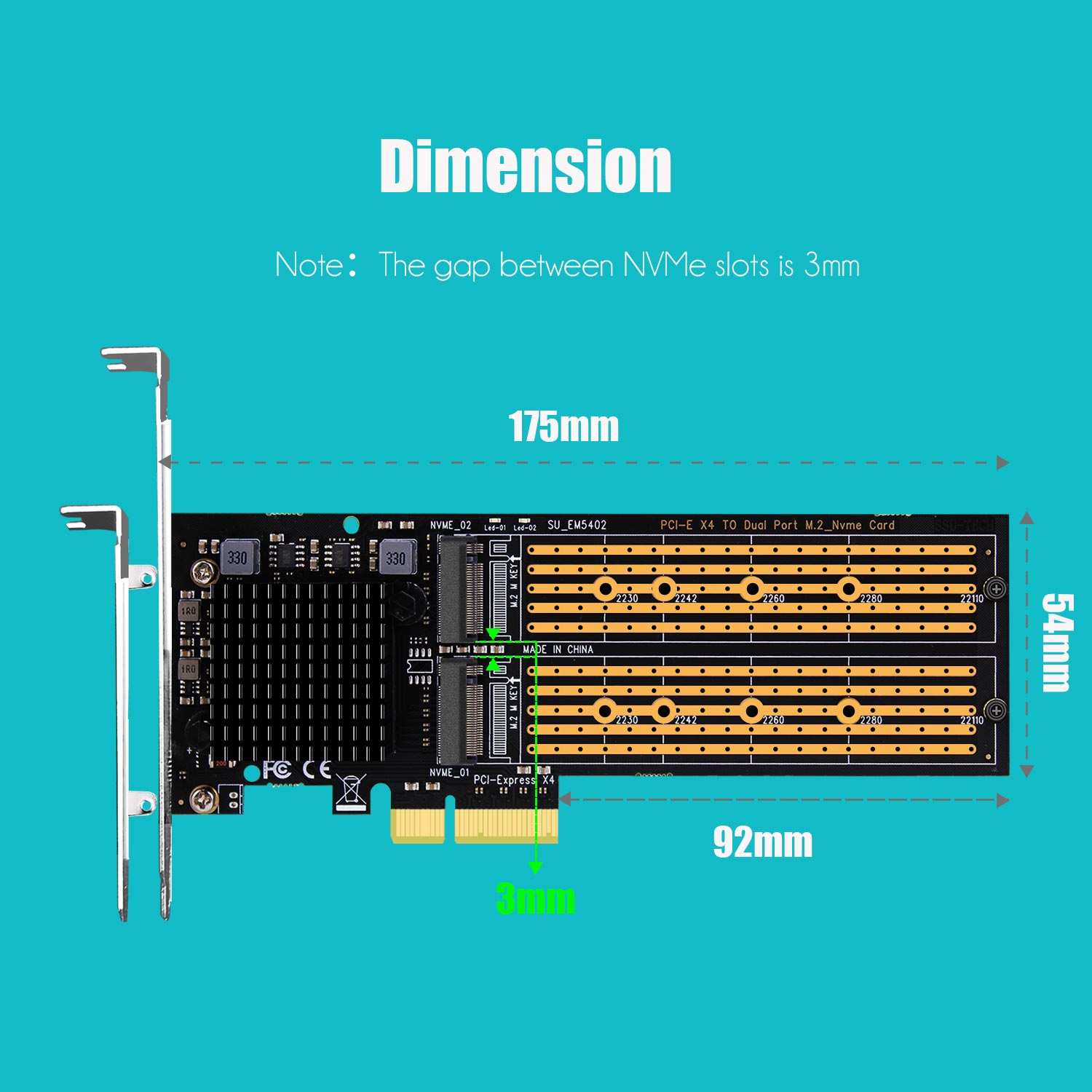 Dual Slot M.2 NVMe PCIe 3.0 X4 Adapter Card with ASM 2812 PCIe Bifurcation  Function