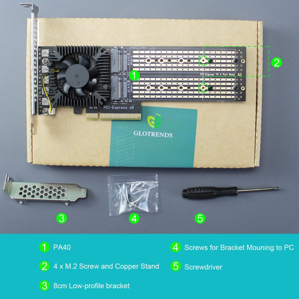 Quad Slot M.2 NVMe PCIe 3.0 X8 Adapter Card with ASM 2824 PCIe Bifurcation Function, Work with None PCIe Splitter Function Motherboard