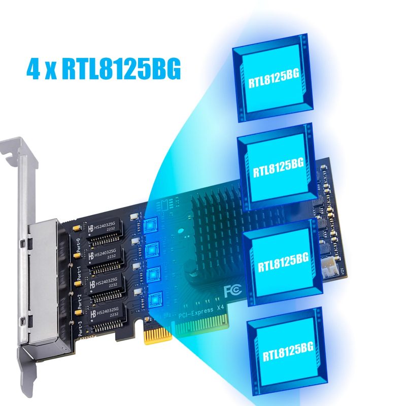 Quad Port 2.5Gbps PCI-E NIC Ethernet Network Card, PCIE 2.0 X4 (20Gbps ) upstream and 12.8Gbps downstream bandwidth