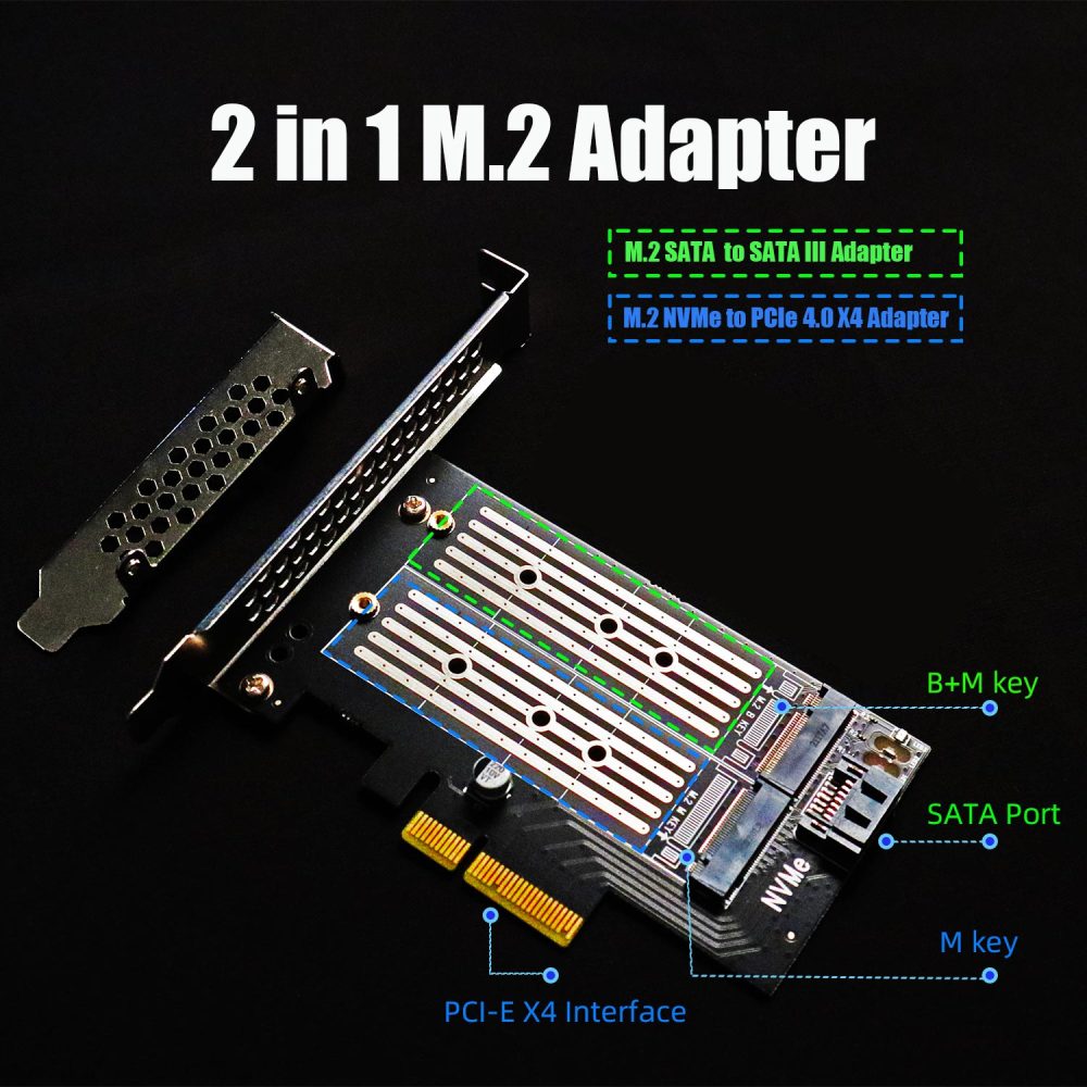 PA12 2-in-1 M.2 PCIe 4.0 X4 Adapter for One M.2 NVMe SSD and One M.2 SATA SSD