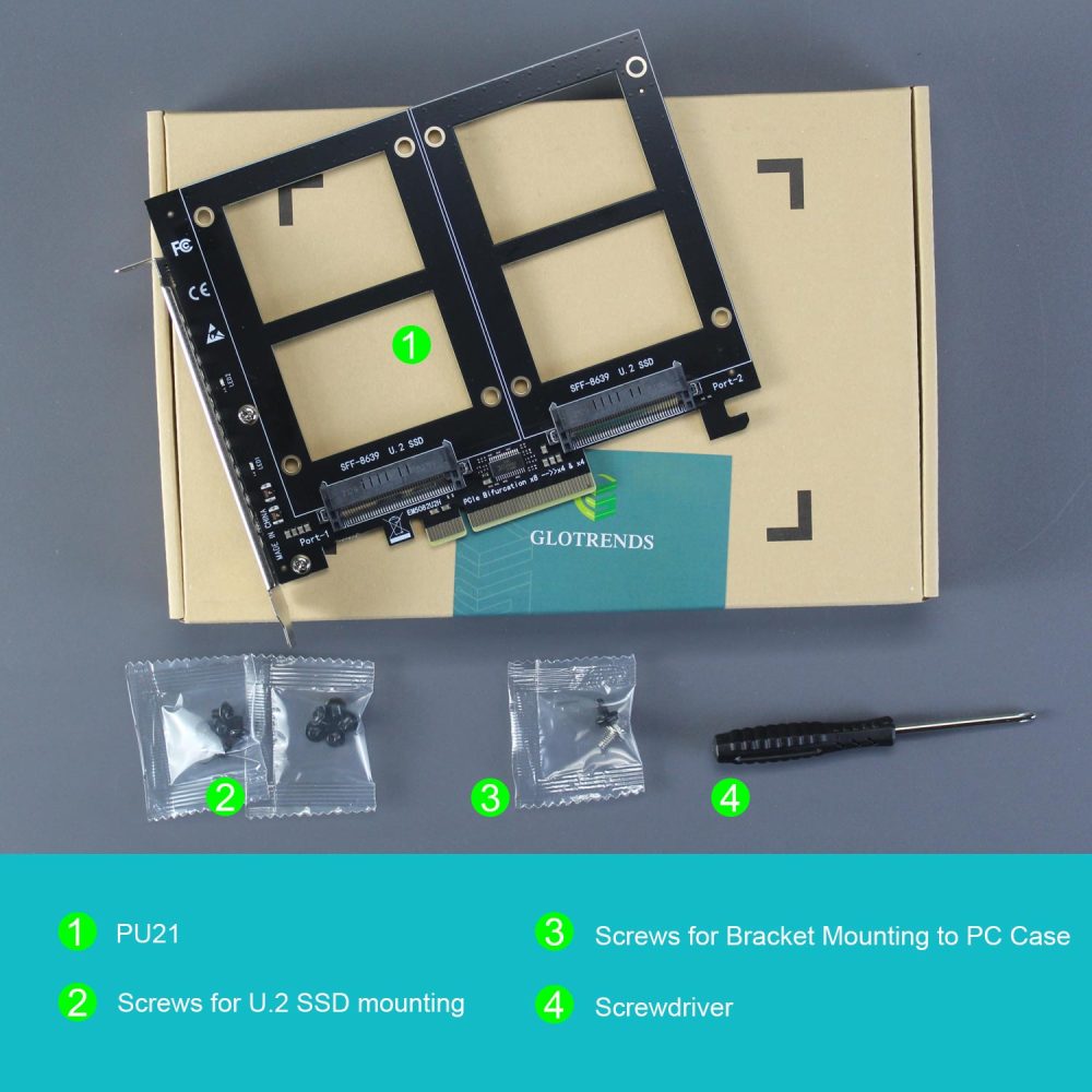 PU21 Dual U.2 to PCIe 4.0 X8 Adapter without PCIe Bifurcation