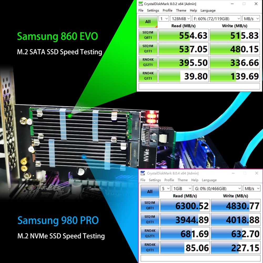 PA12 2-in-1 M.2 PCIe 4.0 X4 Adapter for One M.2 NVMe SSD and One M.2 SATA SSD