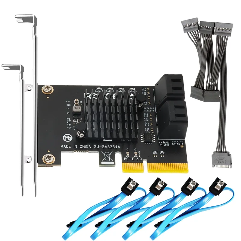 SA3234A 4-Ports PCIe X2 SATA 3.0 Expansion Card, Support OS Booting, Including SATA Cables and 1:5 SATA Splitter Power Cable, Compatible with Windows, Linux, Mac OS, NAS