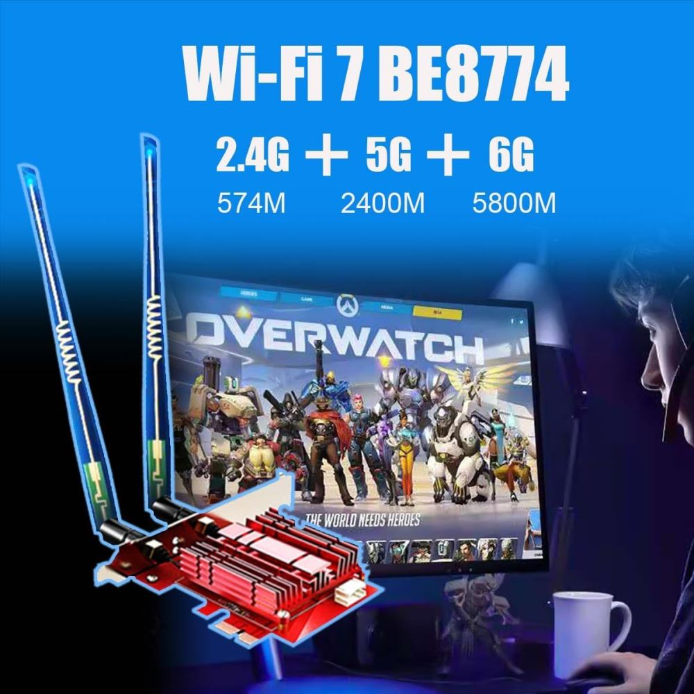 WiFi 7 Card with 2-meter Extension Antenna for Desktop PC, Intel BE200NGW Chip, 802.11be, Bluetooth 5.4, Tri-Bands, Support Windows 11/10/Linux (Only Support Intel Motherboard)