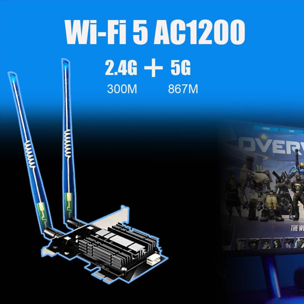 AC1200 WiFi 5 PCIe Card with Low-Profile Bracket for Desktop PC, Intel 7265 Chip, 802.11ac, Bluetooth 4.2, Support Windows 11/10/7/Linux, Not Support Mac OS/Windows XP
