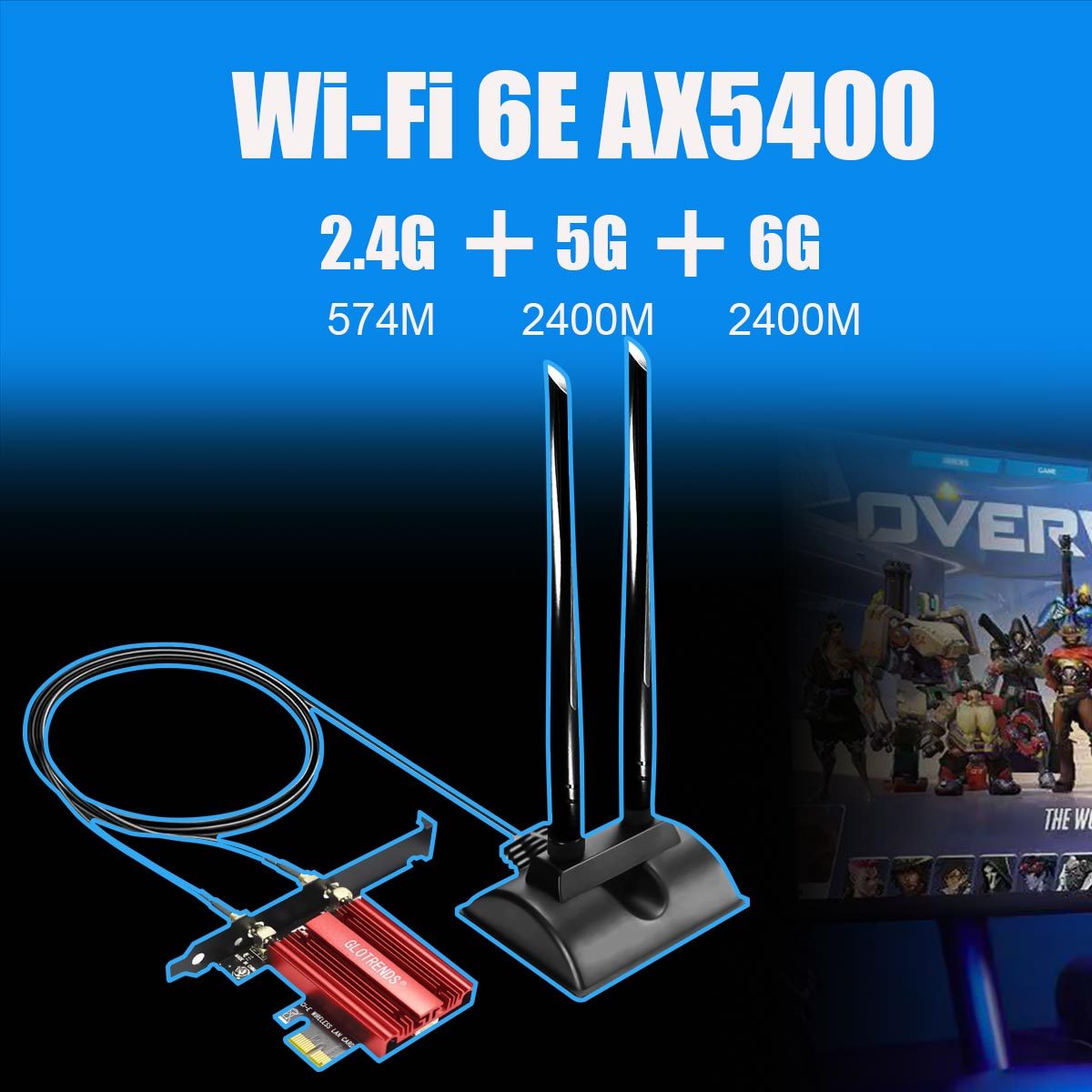 WiFi 6E Card with 2-Meter Extension Antenna for Desktop PC, Intel AX210 Chip, 802.11ax, Bluetooth 5.3, Support Windows 11/10/Linux, Support Intel/AMD Motherboard