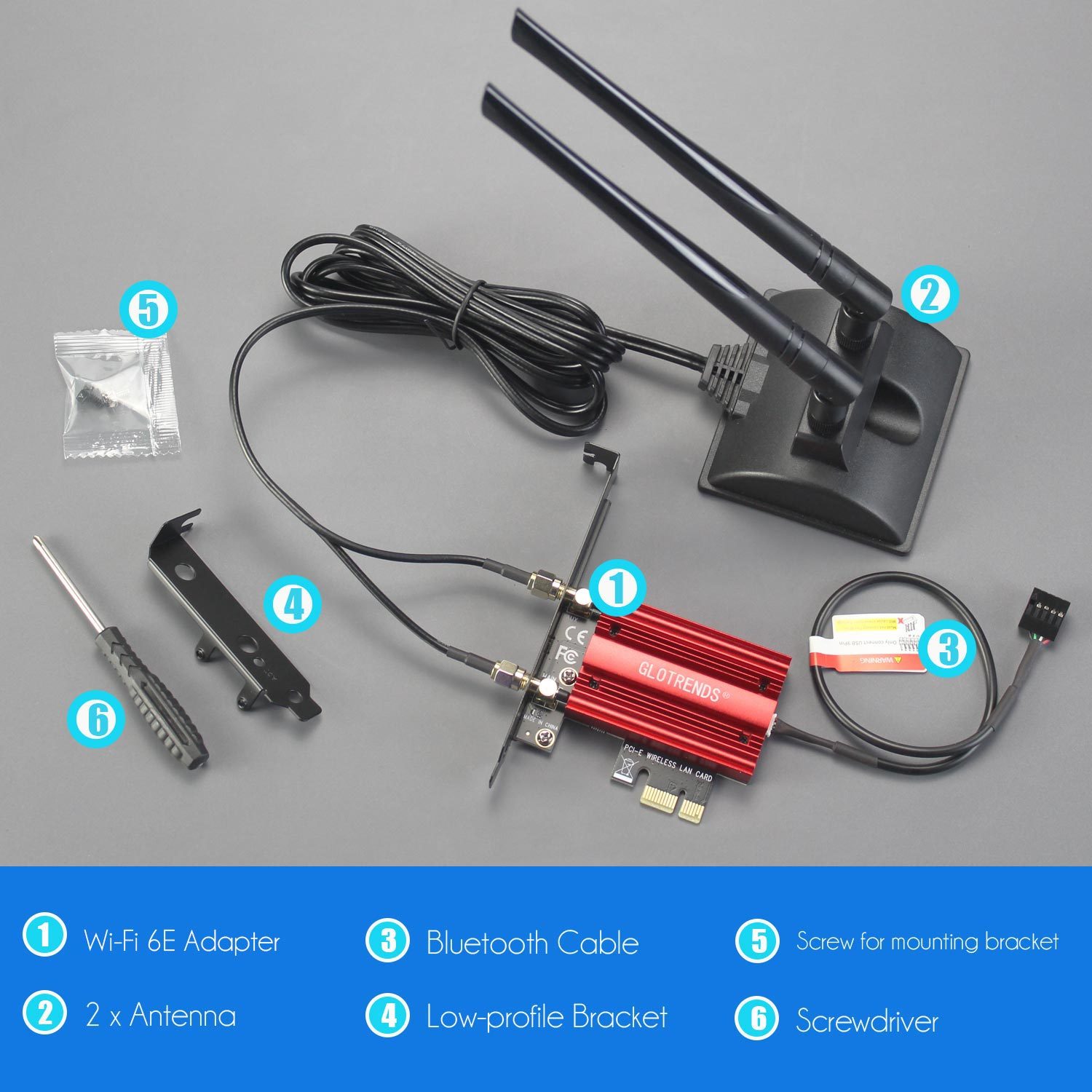 WiFi 6E Card with 2-Meter Extension Antenna for Desktop PC, Intel AX210 Chip, 802.11ax, Bluetooth 5.3, Support Windows 11/10/Linux, Support Intel/AMD Motherboard