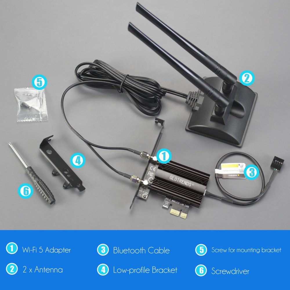 WiFi 5 Card with 2-Meter Extension Antenna for Desktop PC, Intel 7265 Chip, 802.11ac, Bluetooth 4.2, Support Windows 11/10/7/Linux, Support Intel/AMD Motherboard
