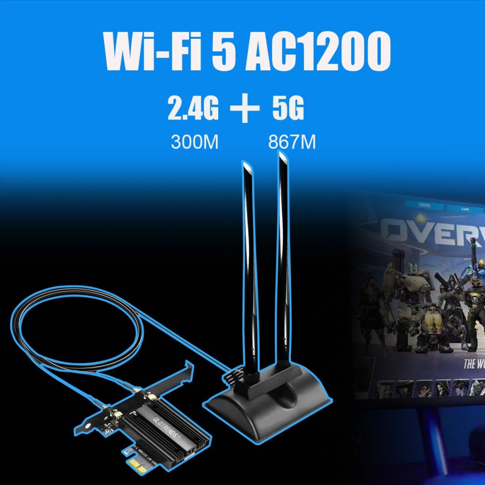 WiFi 5 Card with 2-Meter Extension Antenna for Desktop PC, Intel 7265 Chip, 802.11ac, Bluetooth 4.2, Support Windows 11/10/7/Linux, Support Intel/AMD Motherboard