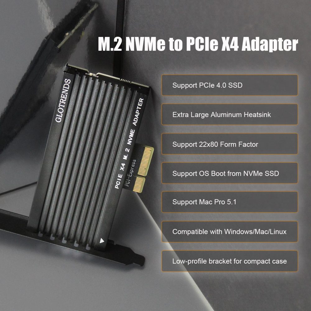 GLOTRENDS PA15 M.2 NVMe to PCIe 4.0 X4 Adapter for M.2 NVMe SSD, Extra Large Aluminum Heatsink, Regular and Low-Profile Bracket