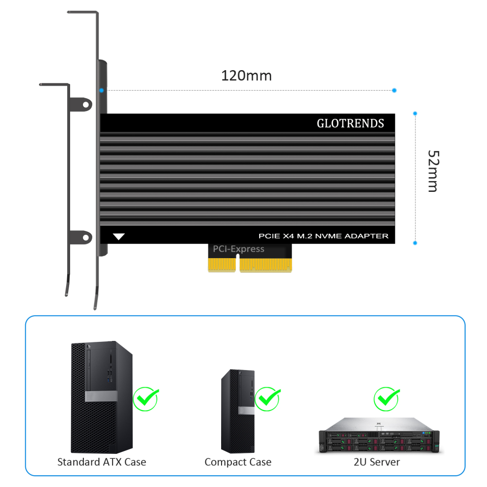 GLOTRENDS PA15 M.2 NVMe to PCIe 4.0 X4 Adapter for M.2 NVMe SSD, Extra Large Aluminum Heatsink, Regular and Low-Profile Bracket