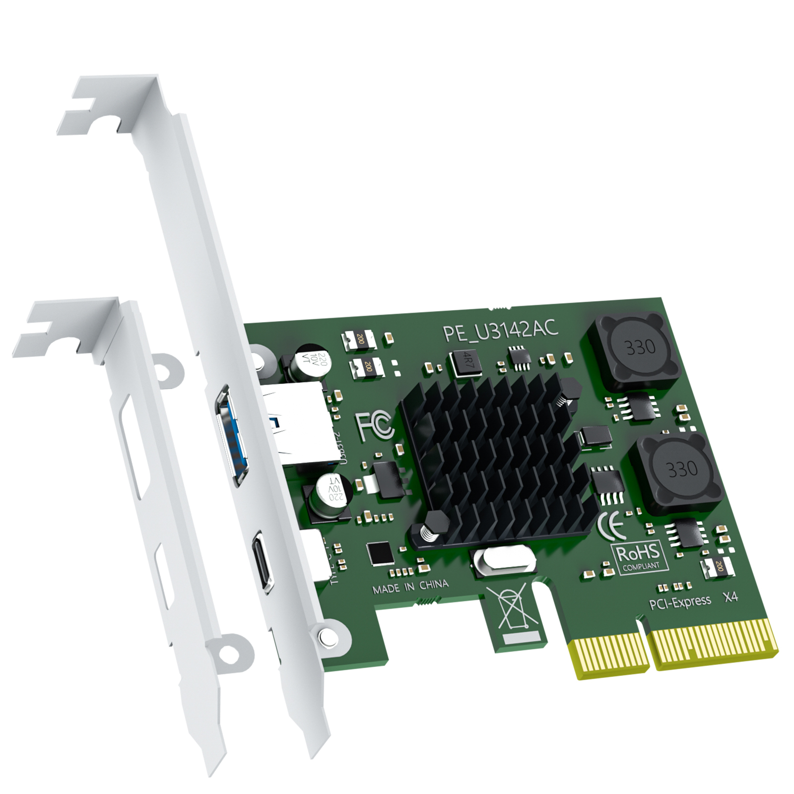U3142AC 2-Port 10Gb USB 3.1 Gen2 (Type-C and Type-A) to PCIE X4 Expansion Card with ASM 3142 Chip, Regular and Low-profible Bracket