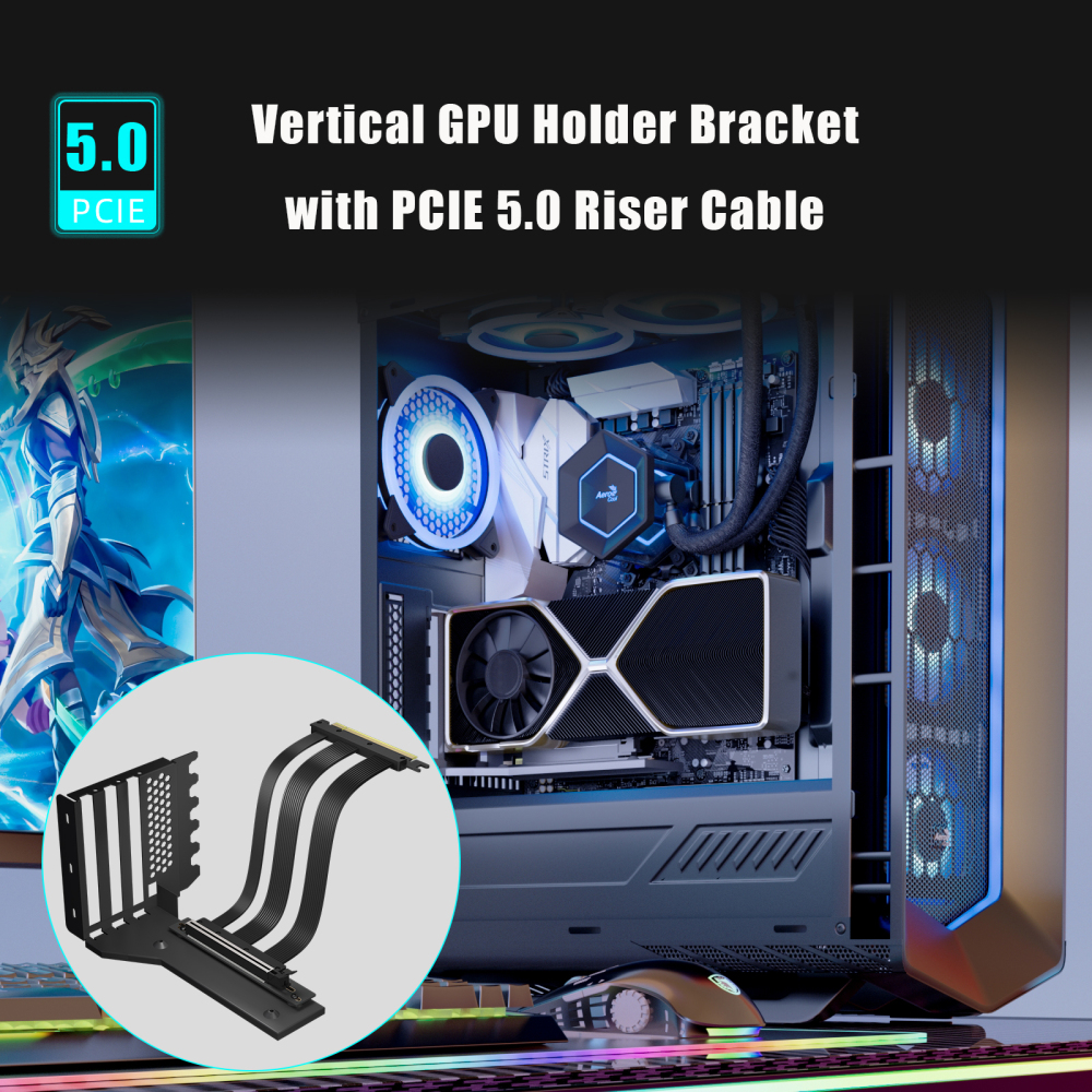 GLOTRENDS Vertical Graphics Card Support Bracket with 180mm PCIe 5.0 Riser Cable for 2-slot GPU Vertical Mount, Compatible with RTX5090 RTX4090 RX9070 RX7900