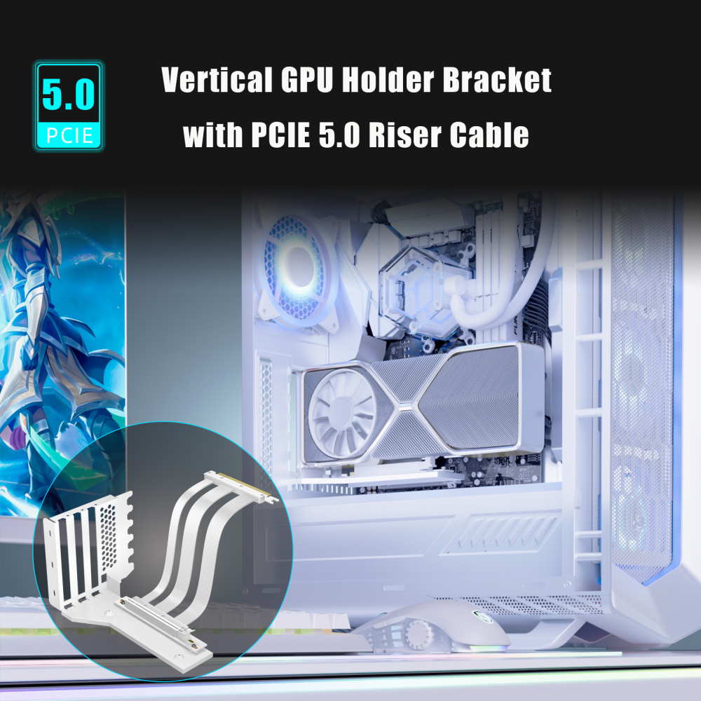 GLOTRENDS Vertical Graphics Card Support Bracket with 180mm PCIe 5.0 Riser Cable for 2-slot GPU Vertical Mount, Compatible with RTX5090 RTX4090 RX9070 RX7900