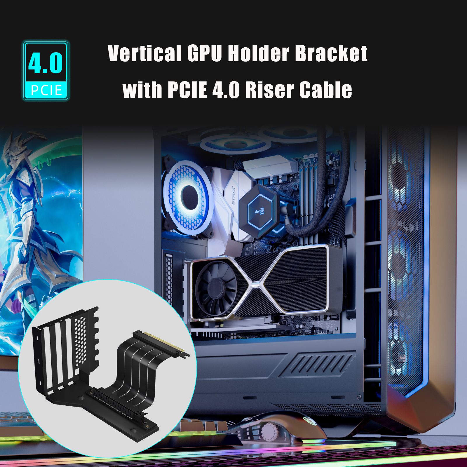 GLOTRENDS Vertical Graphics Card Support Bracket with 150mm PCIe 4.0 Riser Cable for 3-slot GPU Vertical Mount, Compatible with Compatible with RTX 40/30 Series and Radeon RX7000/RX6000 Series