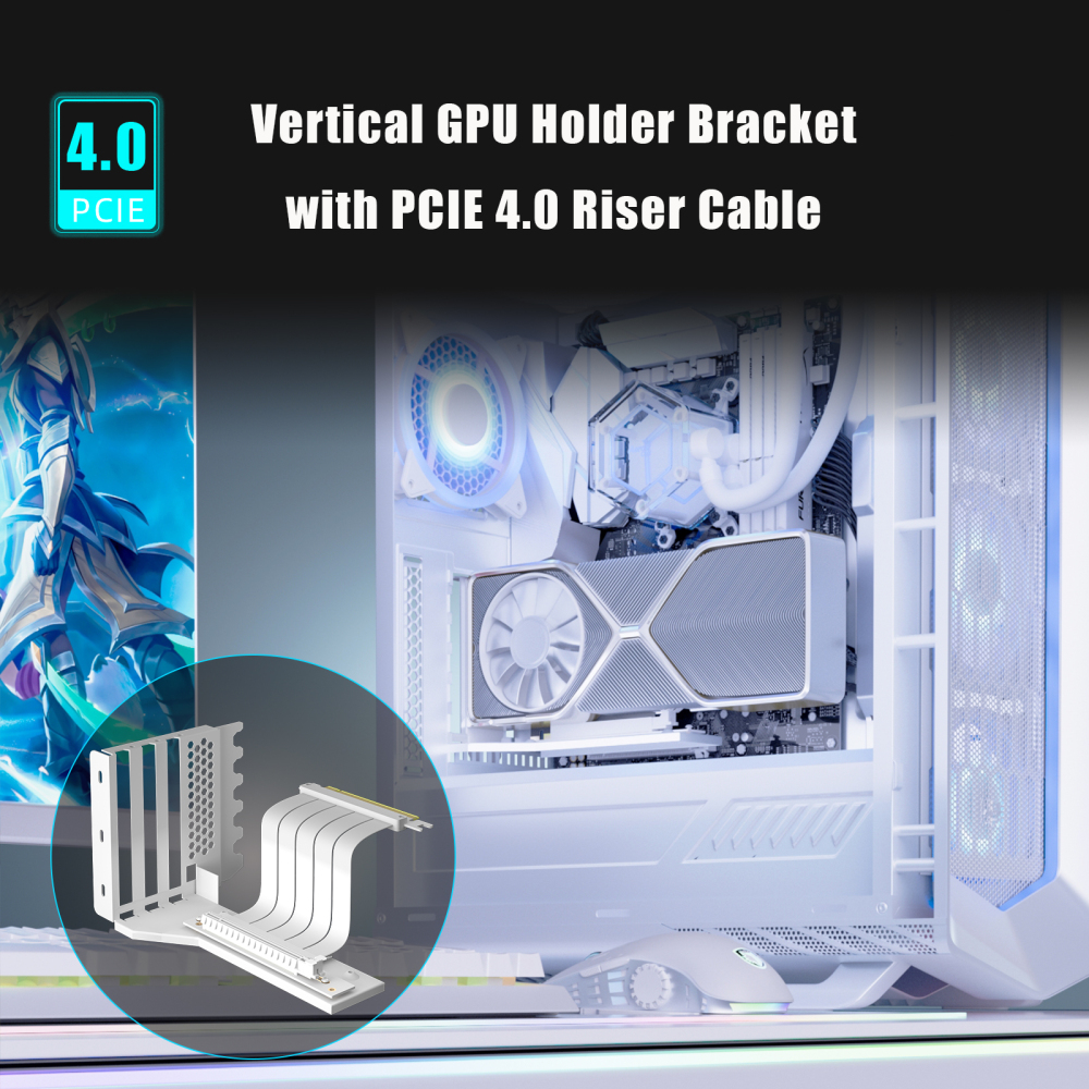 GLOTRENDS Vertical Graphics Card Support Bracket with 180mm PCIe 4.0 Riser Cable for 2-slot GPU Vertical Mount, Compatible with Compatible with RTX 40/30 Series and Radeon RX7000/RX6000 Series
