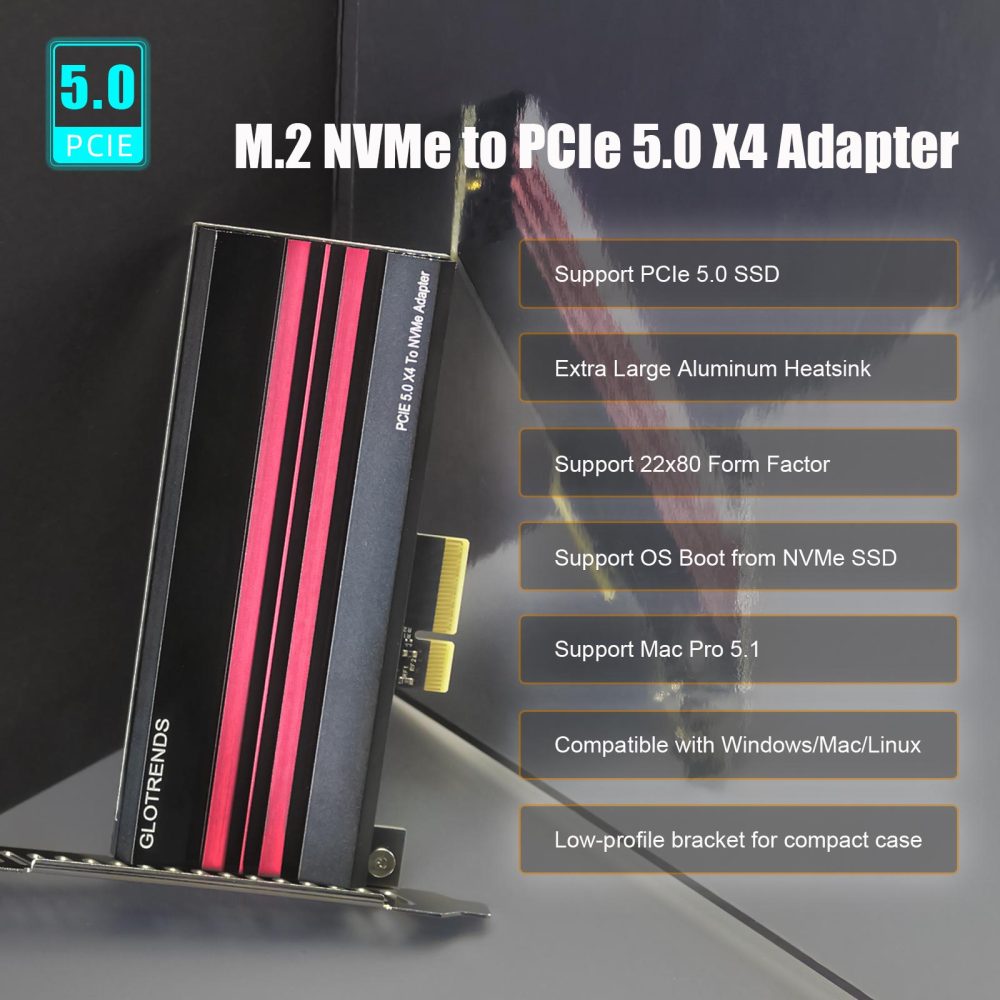 PA19 M.2 NVMe to PCIe 5.0 X4 Adapter for M.2 NVMe SSD, Large Aluminum Heatsink Cover, Regular and Low-Profile Bracket