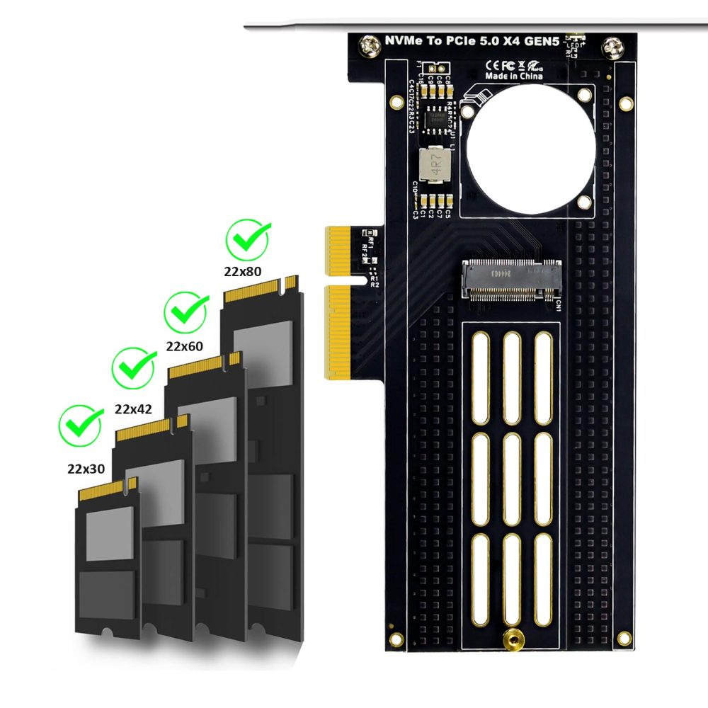 PA19 M.2 NVMe to PCIe 5.0 X4 Adapter for M.2 NVMe SSD, Large Aluminum Heatsink Cover, Regular and Low-Profile Bracket