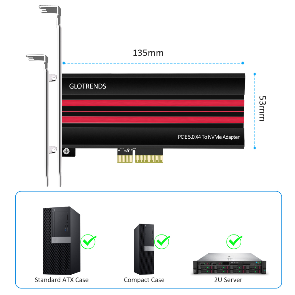 PA19 M.2 NVMe to PCIe 5.0 X4 Adapter for M.2 NVMe SSD, Large Aluminum Heatsink Cover, Regular and Low-Profile Bracket