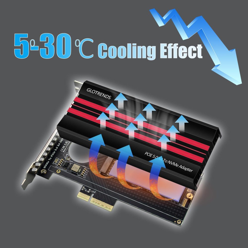 PA19 M.2 NVMe to PCIe 5.0 X4 Adapter for M.2 NVMe SSD, Large Aluminum Heatsink Cover, Regular and Low-Profile Bracket