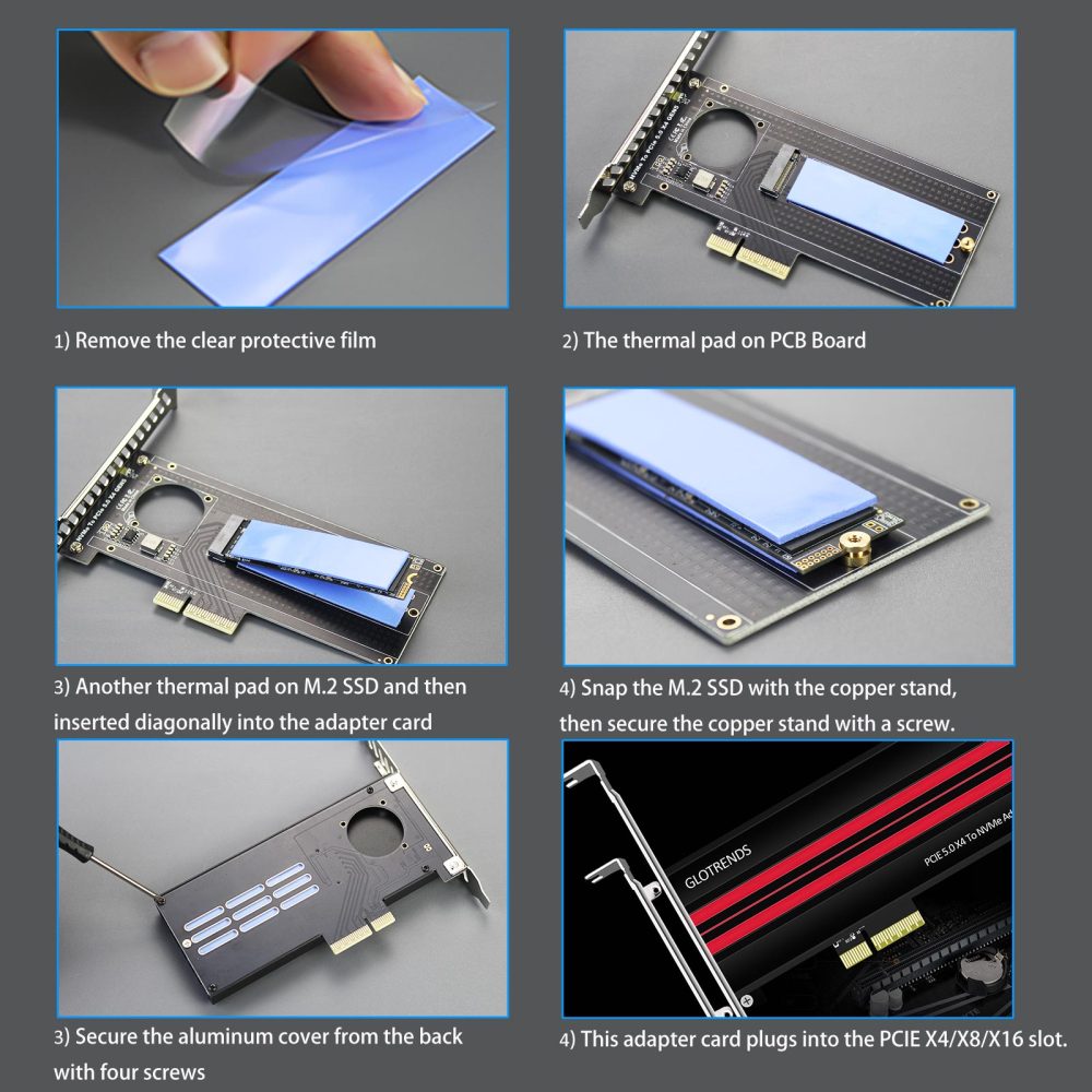 PA19 M.2 NVMe to PCIe 5.0 X4 Adapter for M.2 NVMe SSD, Large Aluminum Heatsink Cover, Regular and Low-Profile Bracket