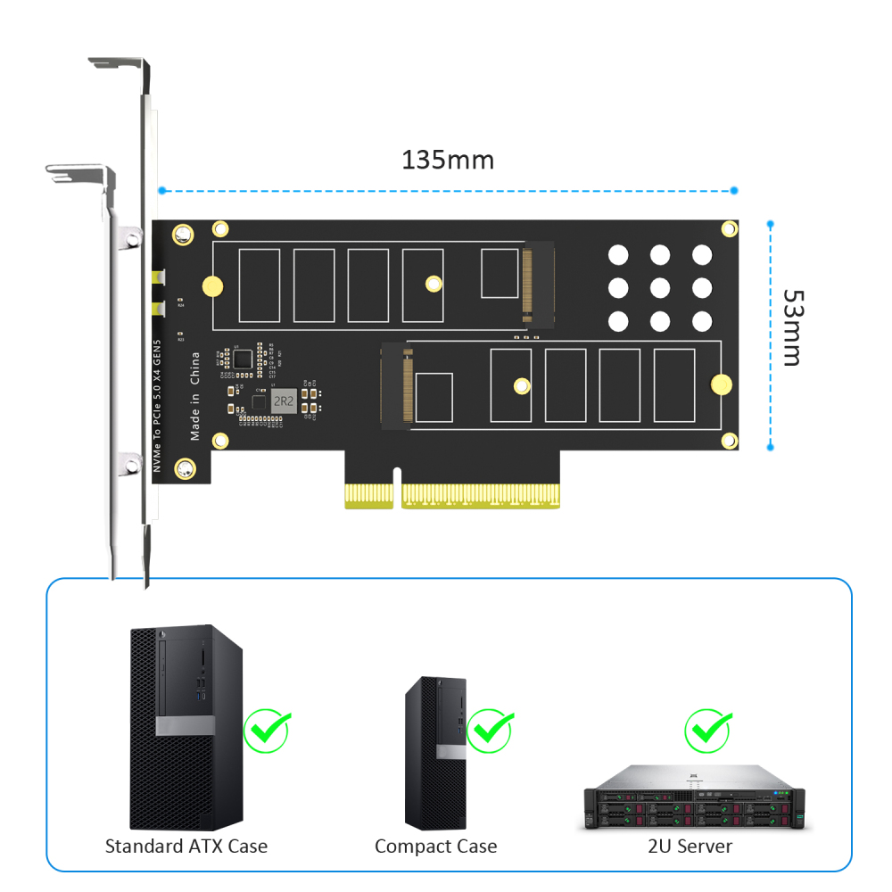 PA52 Dual M.2 NVMe to PCIe 5.0 X8 Adapter Card, No PCIe Bifurcation (PCIe Bifurcation Motherboard is Required)