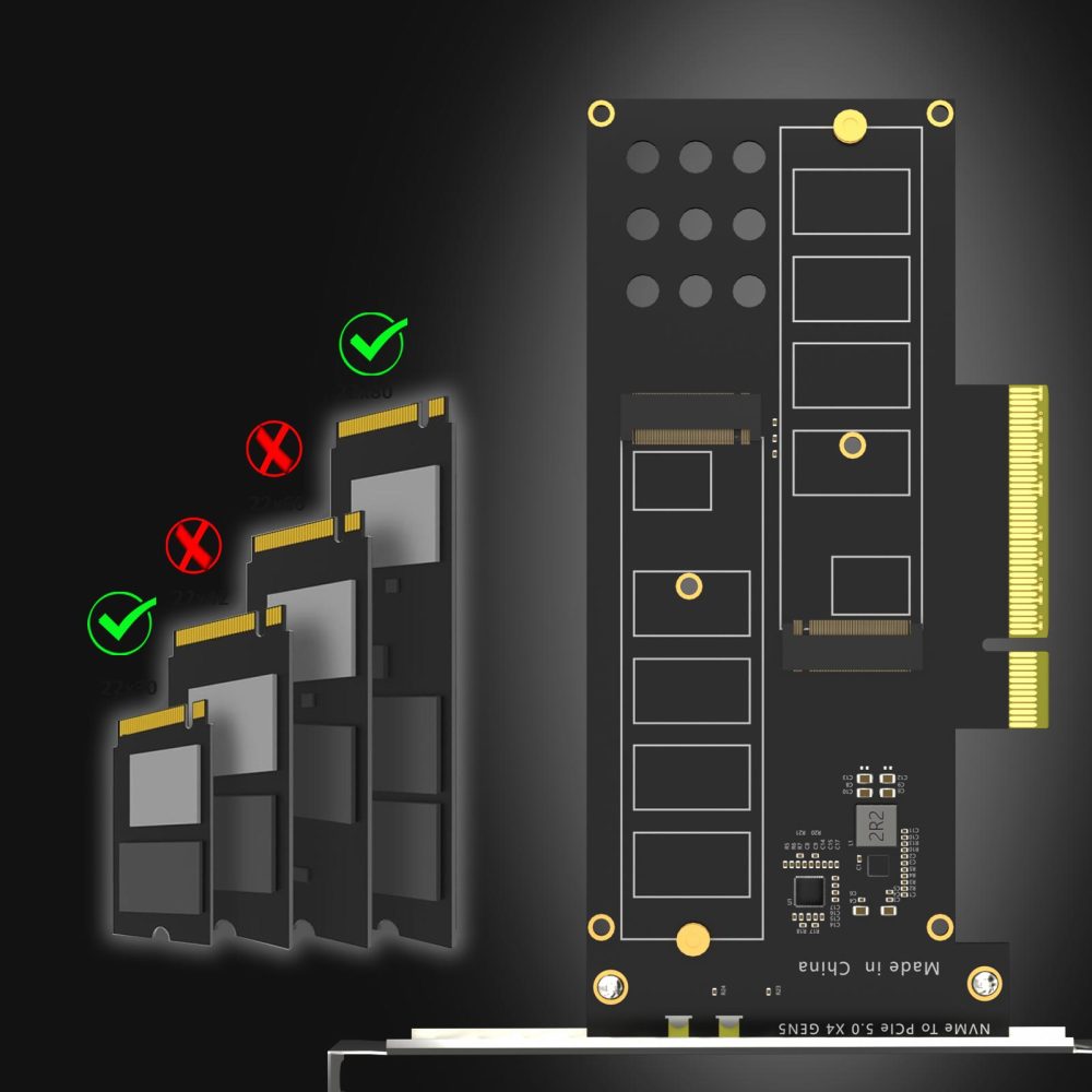 PA52 Dual M.2 NVMe to PCIe 5.0 X8 Adapter Card, No PCIe Bifurcation (PCIe Bifurcation Motherboard is Required)