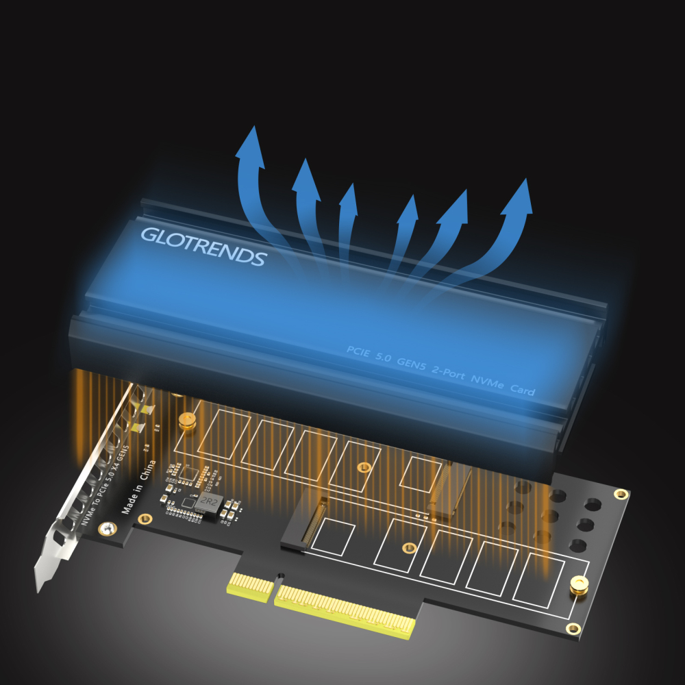 PA52 Dual M.2 NVMe to PCIe 5.0 X8 Adapter Card, No PCIe Bifurcation (PCIe Bifurcation Motherboard is Required)