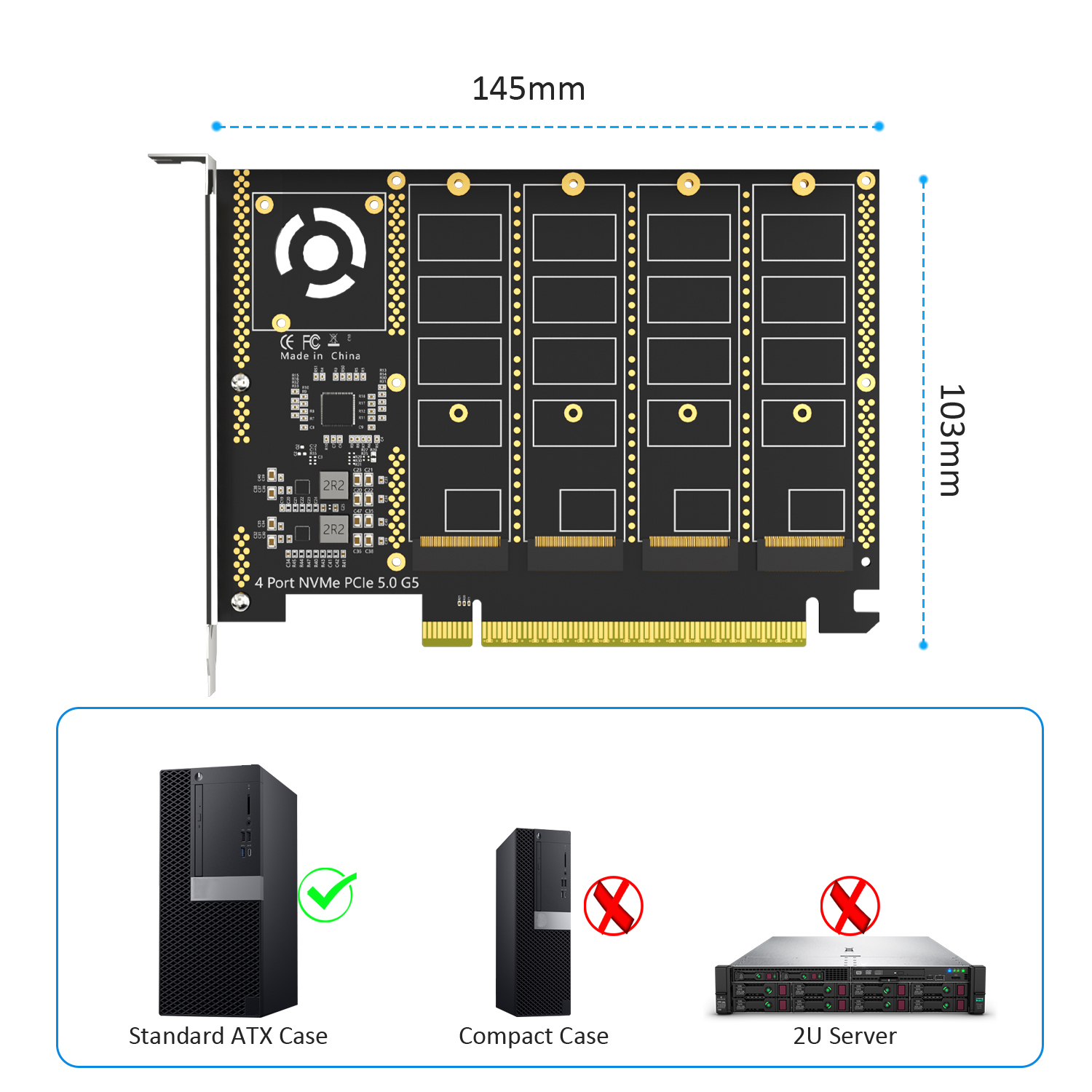 PA54 Quad M.2 NVMe to PCIe 5.0 X16 Adapter Card, No PCIe Bifurcation (PCIe Bifurcation Motherboard is Required)